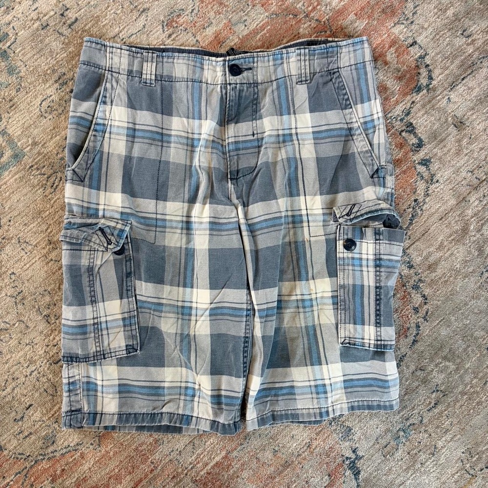 Ocean Pacific Mens Plaid Cargo Shorts Size 34 Blue Skater Baggy Cotton OM32Y0914